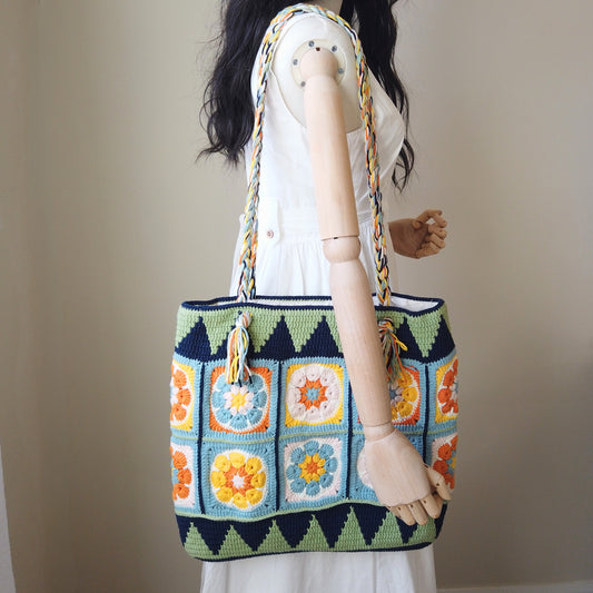 Boho Crochet Tote Bag – 16 Patchwork Flowers