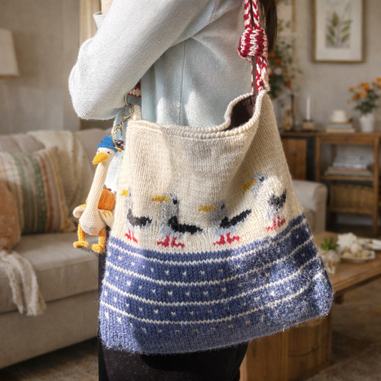 Seagull Knit Tote - Handmade Wool Bag (with Duck Charm)