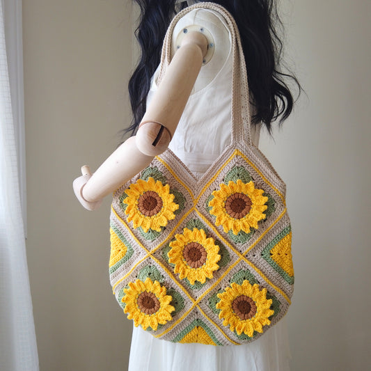 Sunflower Bloom 10 Patches - Crochet Tote Bag