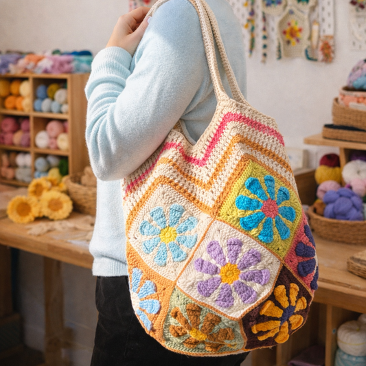 Daisy Patchwork 12 Patches Crochet Bag - Cool Mix
