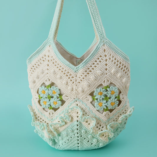 Handmade Crochet Floral Basket Tote Bag