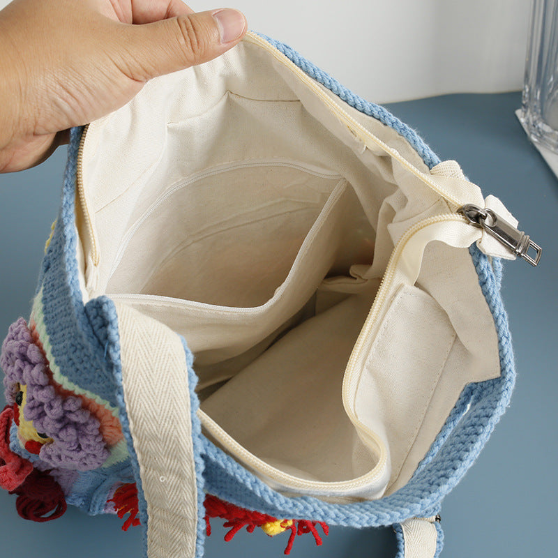 Crochet Tote Bag – Quirky Dolls Blue Edition (6 Designs, 12 Patches)