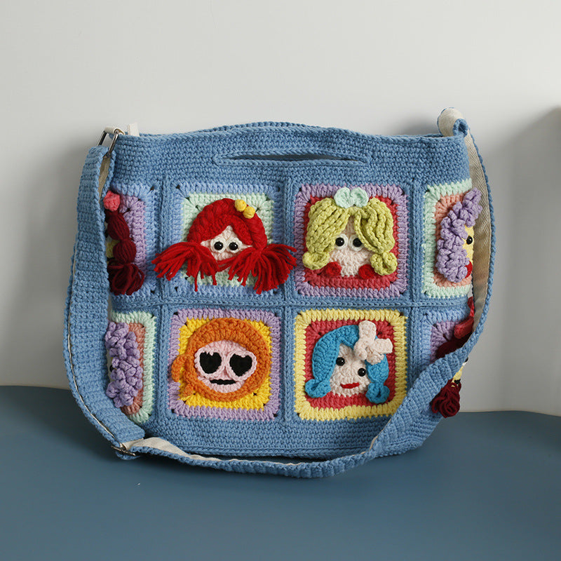 Crochet Tote Bag – Quirky Dolls Blue Edition (6 Designs, 12 Patches)
