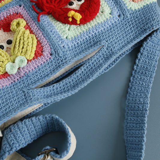 Crochet Tote Bag – Quirky Dolls Blue Edition (6 Designs, 12 Patches)