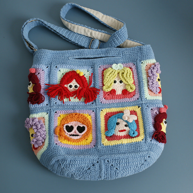 Crochet Tote Bag – Quirky Dolls Blue Edition (6 Designs, 12 Patches)