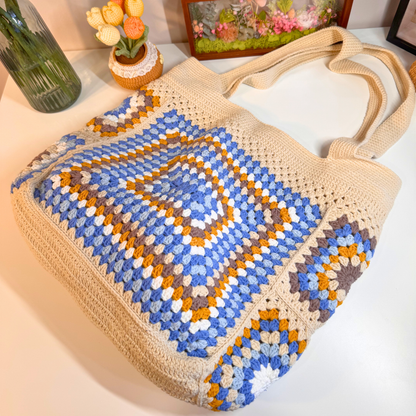 Cloudia Blue & Cream Granny Square Crochet Tote