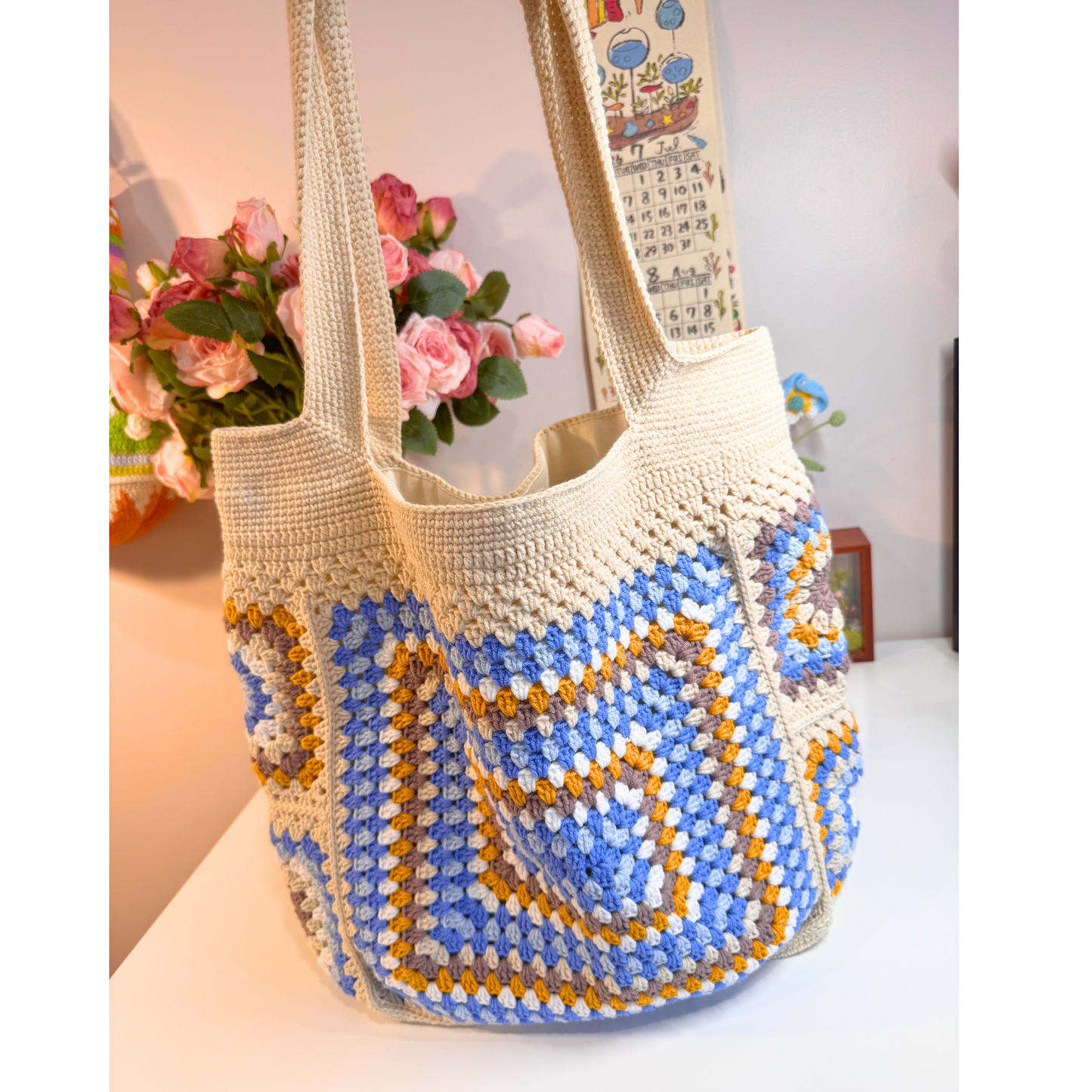 Cloudia Blue & Cream Granny Square Crochet Tote
