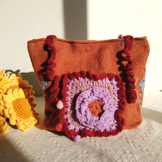 Willow Hand-Knitted Embroidered Bucket Bag - Orange