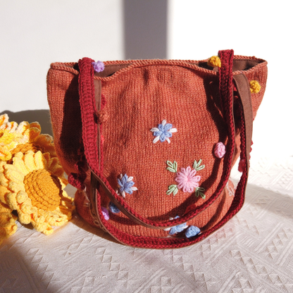 Willow Hand-Knitted Embroidered Bucket Bag - Orange