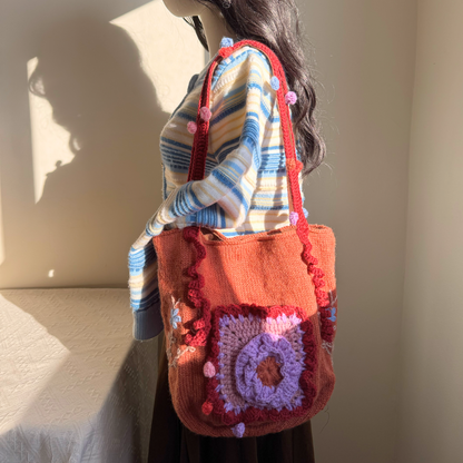 Willow Hand-Knitted Embroidered Bucket Bag - Orange