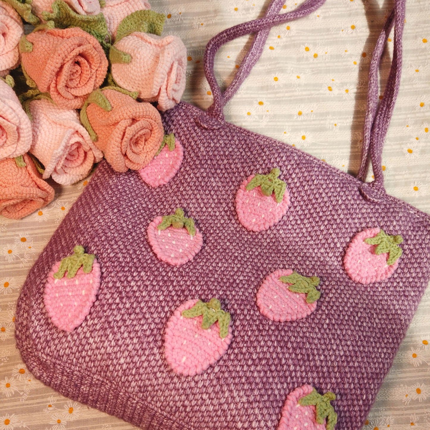 Strawberry Tunisian Crochet Tote Bag
