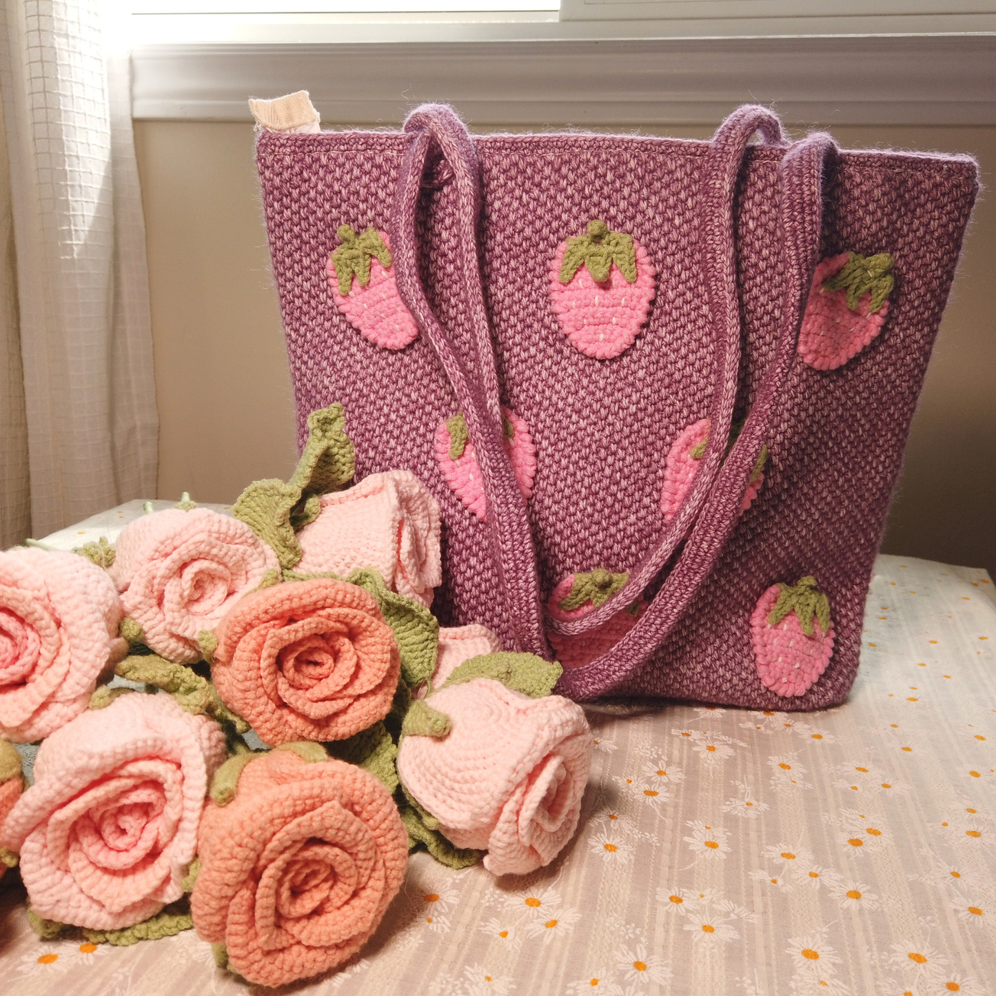 Strawberry Tunisian Crochet Tote Bag