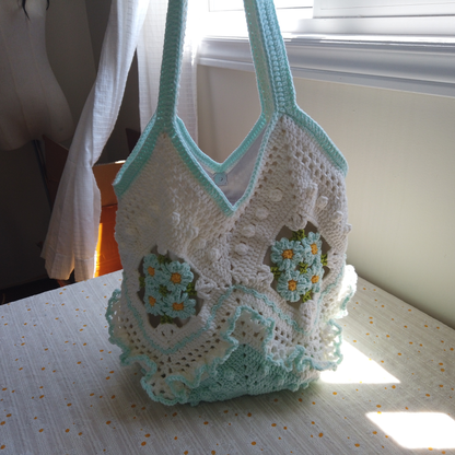 Handmade Crochet Floral Basket Tote Bag