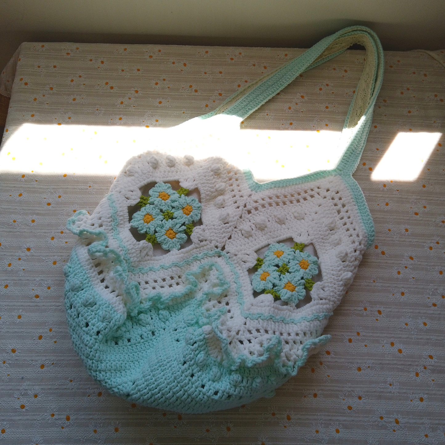 Handmade Crochet Floral Basket Tote Bag