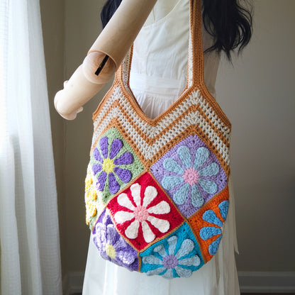 Daisy Patchwork 12 Patches Crochet Tote Bag