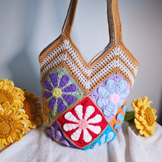 Daisy Patchwork 12 Patches Crochet Tote Bag