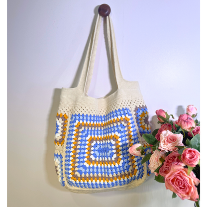 Cloudia Blue & Cream Granny Square Crochet Tote