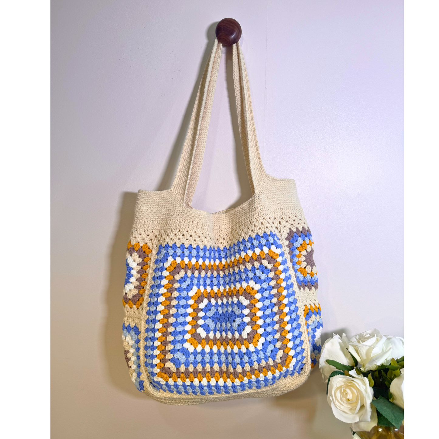 Cloudia Blue & Cream Granny Square Crochet Tote