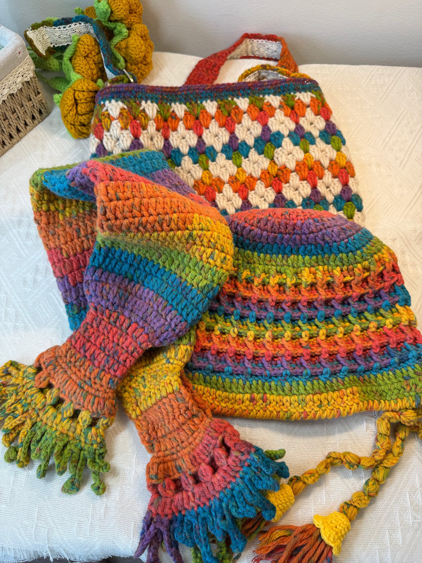 Maple Palette - Diamond lattice hand-crochet Bag, Hat & Scarf Set