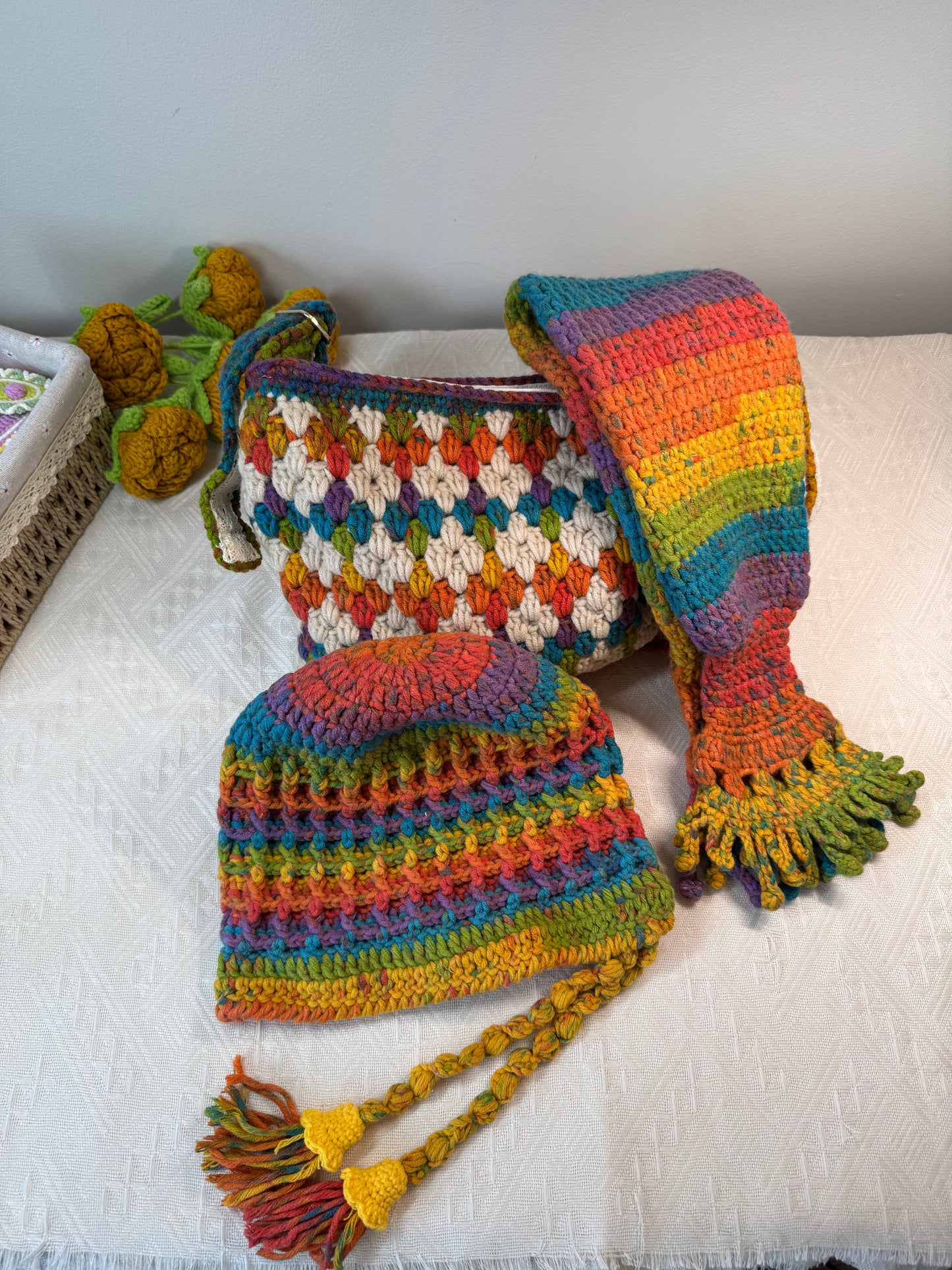 Maple Palette - Diamond lattice hand-crochet Bag, Hat & Scarf Set