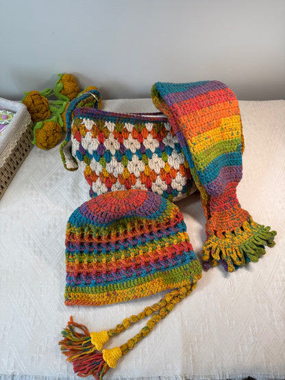 Maple Palette - Diamond lattice hand-crochet Bag, Hat & Scarf Set
