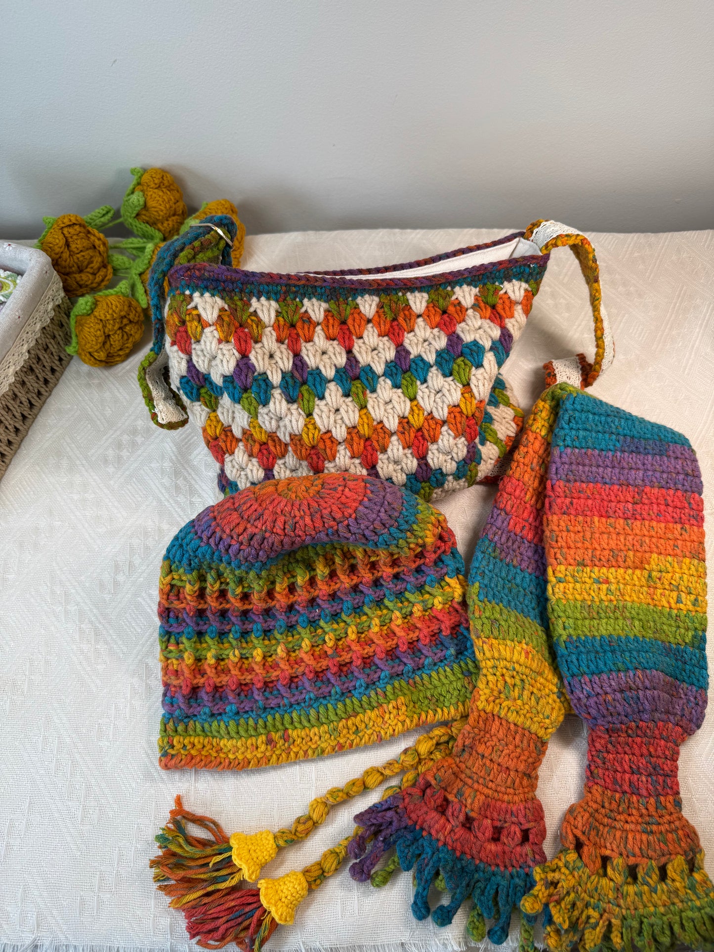 Maple Palette - Diamond lattice hand-crochet Bag, Hat & Scarf Set