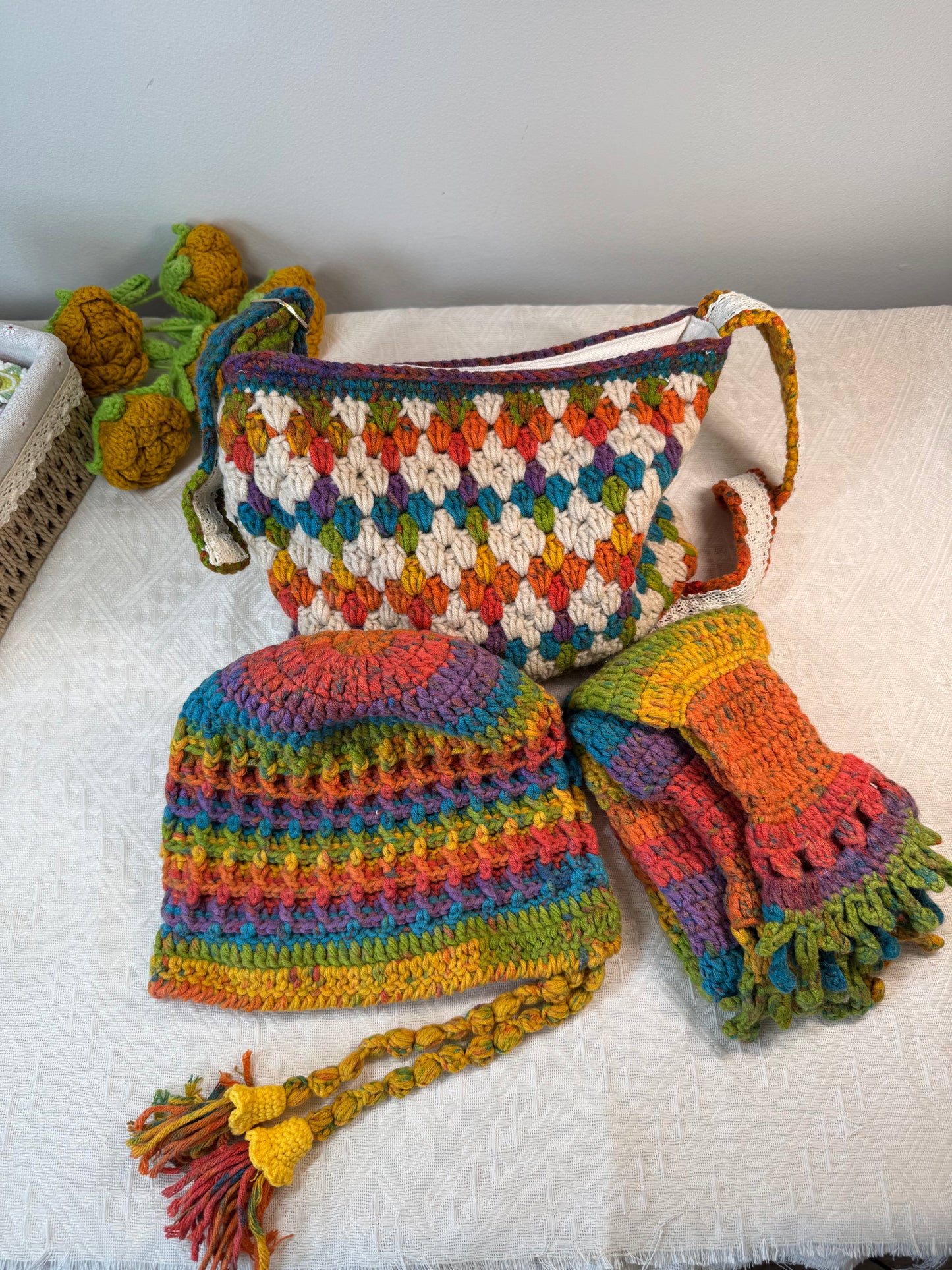 Maple Palette - Diamond lattice hand-crochet Bag, Hat & Scarf Set