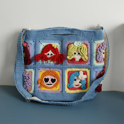 Crochet Tote Bag – Quirky Dolls Blue Edition (6 Designs, 12 Patches）