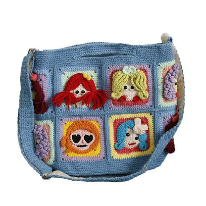 Crochet Tote Bag – Quirky Dolls Blue Edition (6 Designs, 12 Patches）