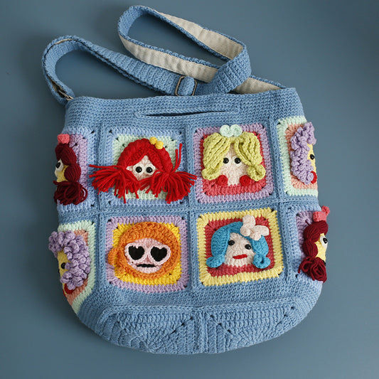 Crochet Tote Bag – Quirky Dolls Blue Edition (6 Designs, 12 Patches）