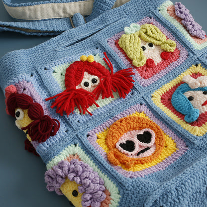 Crochet Tote Bag – Quirky Dolls Blue Edition (6 Designs, 12 Patches）